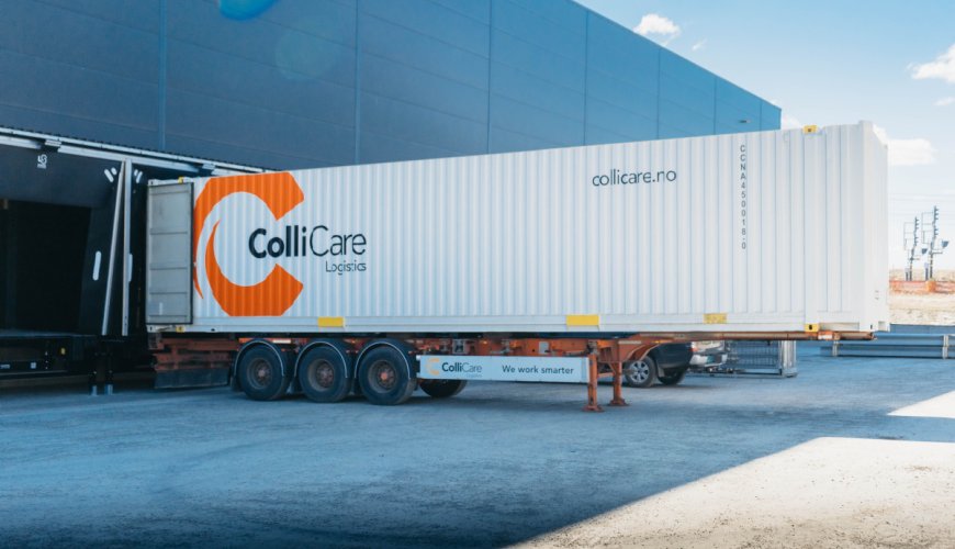 Trailer with container in ColliCare Kløfta distribution terminal near Oslo
