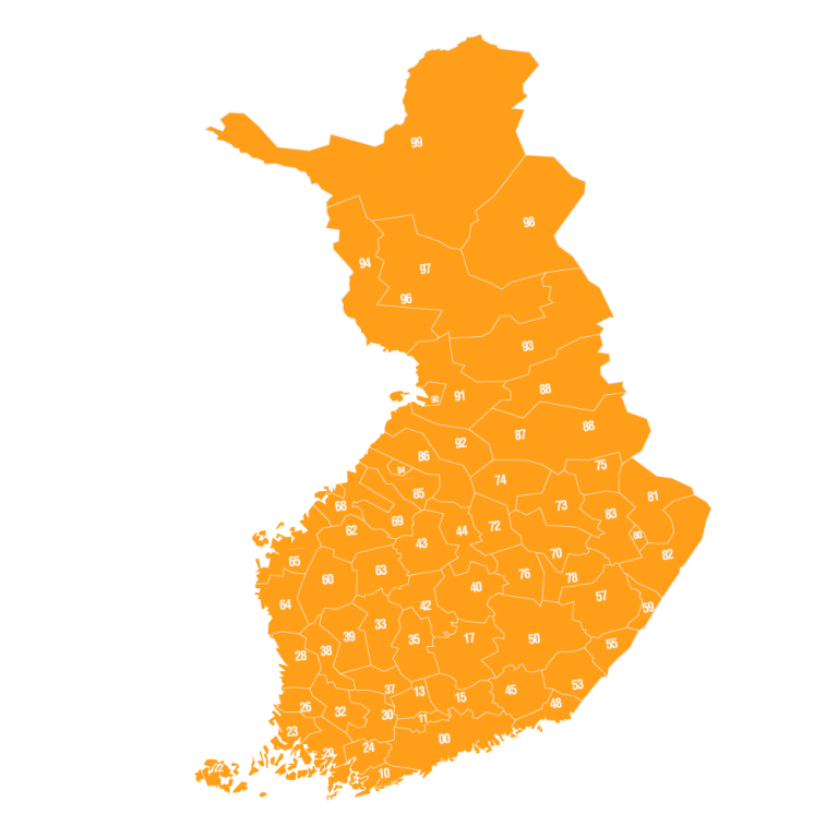 mapa kodów pocztowych Finlandii